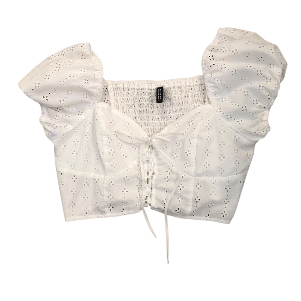 White Eyelet Lace-Up Crop Top with Puff Sleeves Size L Coquette Boho Cottagecore